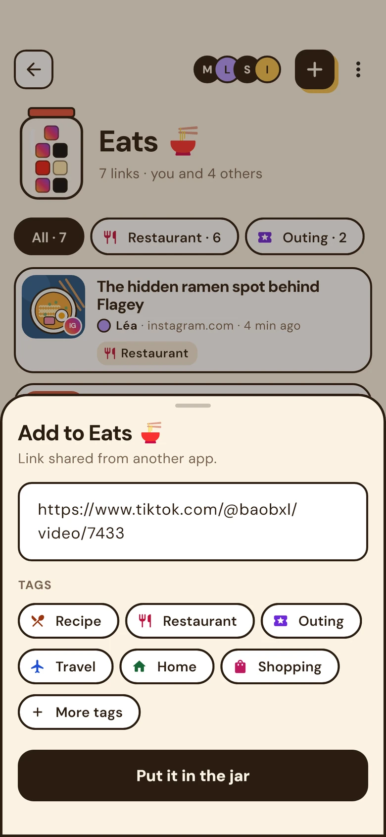 The “Add to Eats” sheet with the shared link and tags to choose.