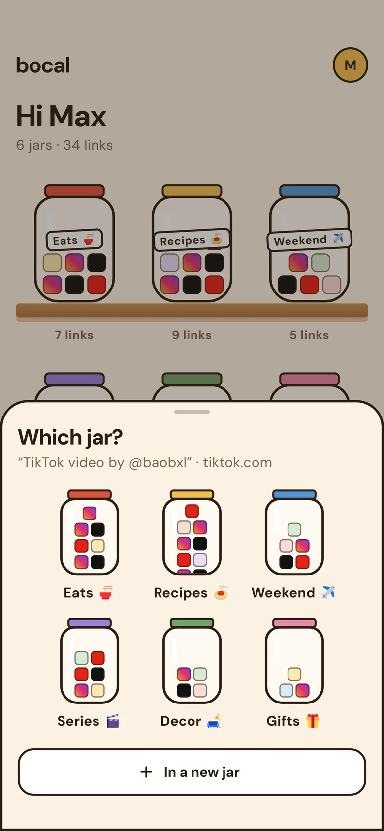 Bocal asks which jar to put the shared video in, and shows the six jars.