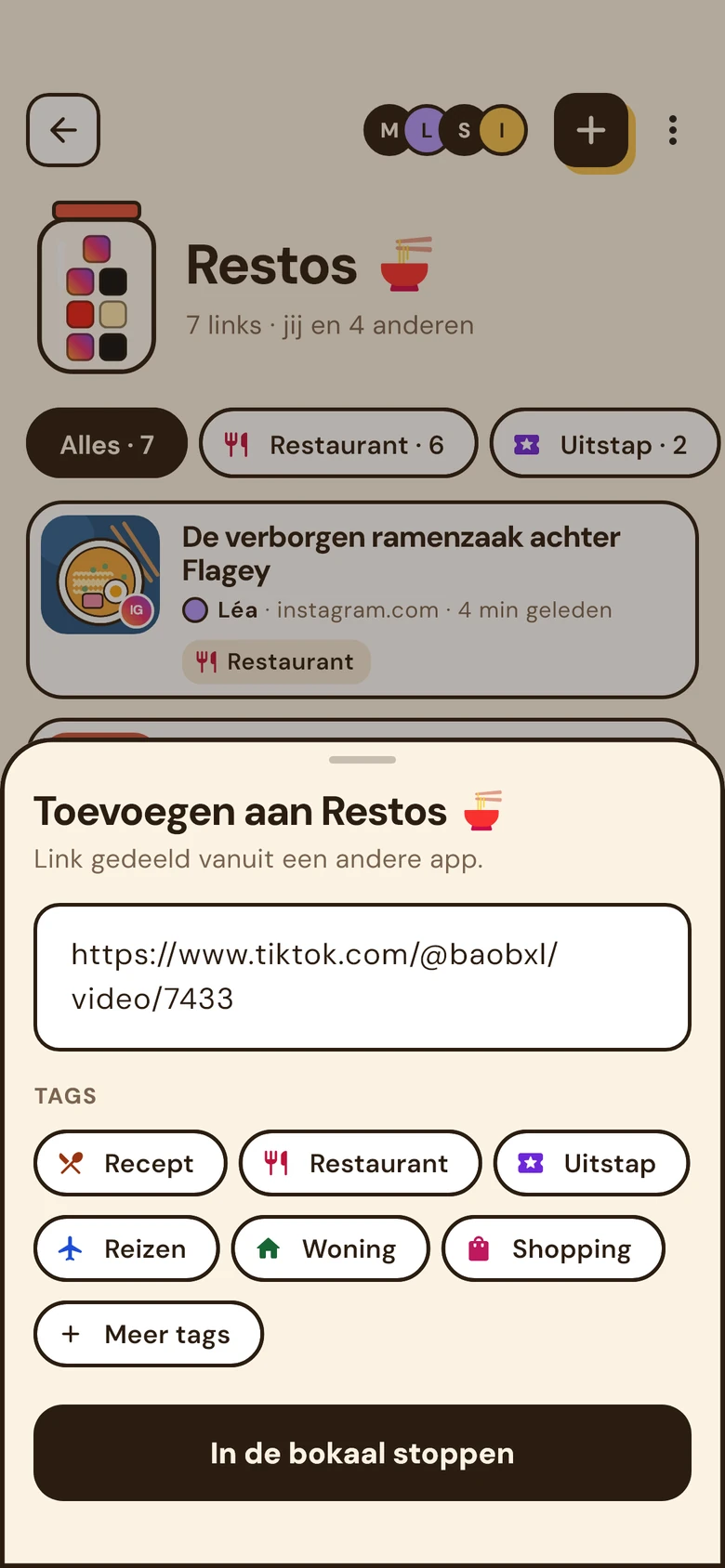 Het blad ‘Toevoegen aan Restos’ met de gedeelde link en tags om te kiezen.