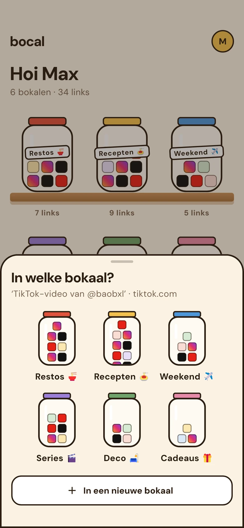Bocal vraagt in welke bokaal de gedeelde video moet, en toont de zes bokalen.