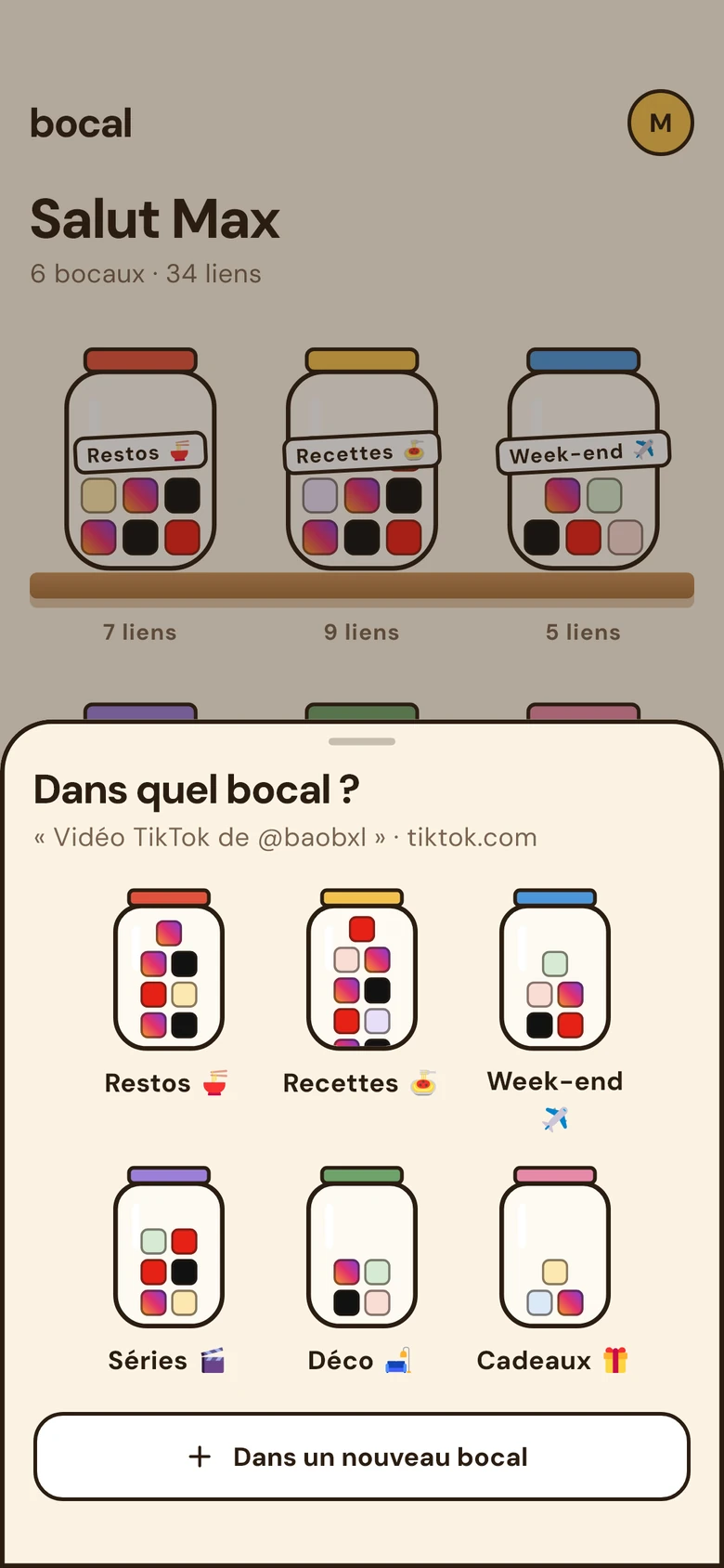 Bocal demande dans quel bocal ranger la vidéo partagée, et montre les six bocaux.